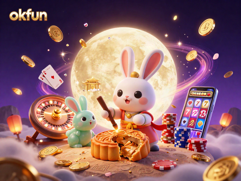 Join the fun at okfun with a rabbit-themed casino illustration featuring poker chips and golden coins.