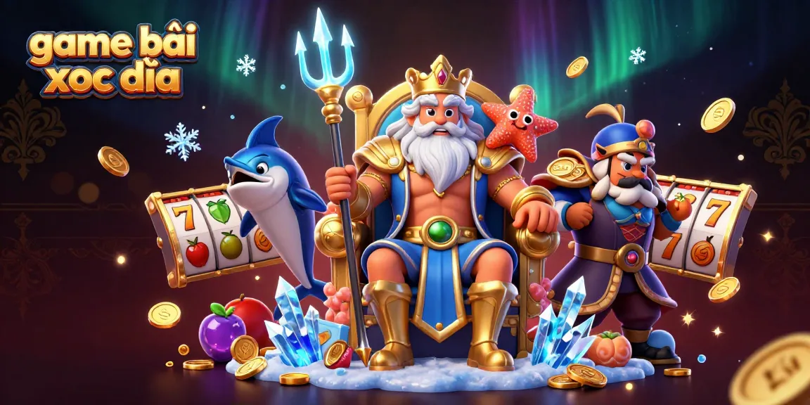 Win big in game bài xóc đĩa with Neptune and vibrant casino elements surrounding him.