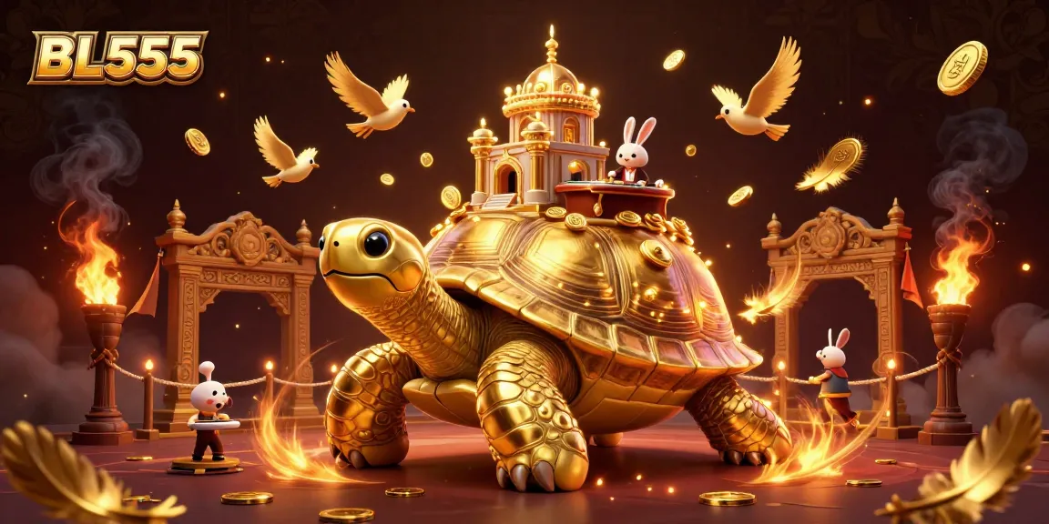 Engage with thrilling gameplay at BL555 featuring a golden tortoise casino palace and charming dealer.