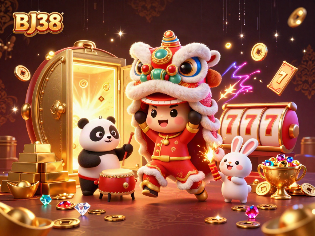Engage with BJ38 in a vibrant casino celebration featuring lion dancers and wealth.