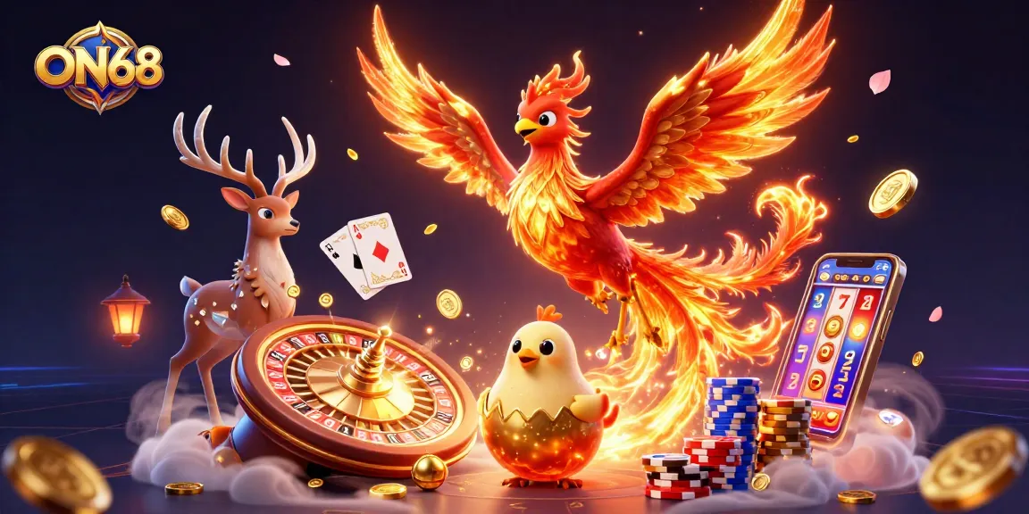 Experience thrilling moments at ON68 as a phoenix rises above a vibrant casino scene.