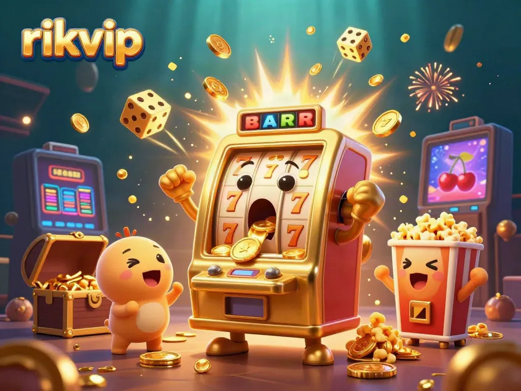 Experience joyous gaming with rikvip's golden slot machine showering coins in a vibrant casino world.
