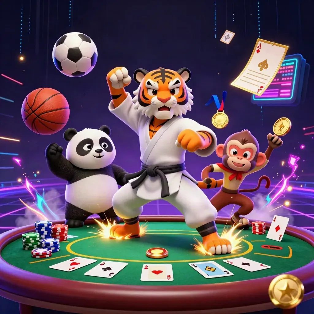 Kung-fu tiger, panda and monkey amid neon poker chips, balls, and casino energy