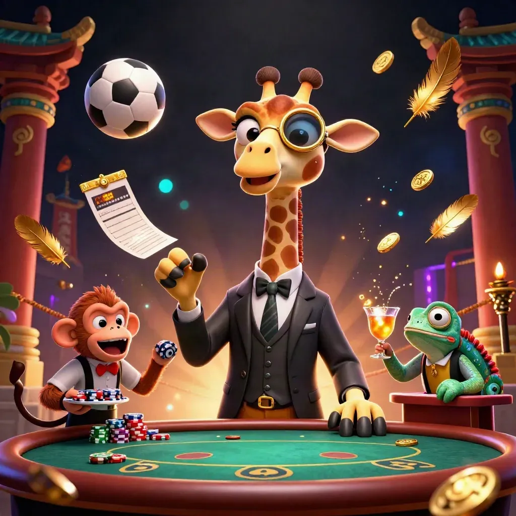Giraffe, monkey, and chameleon casino heroes amid flying balls, coins, and glowing light