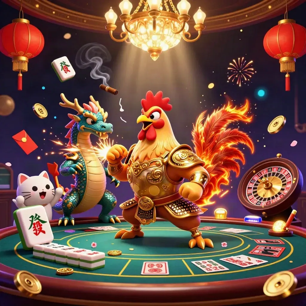 Rooster warrior, dragon hatchling and fortune-cat amid casino luxury and glowing game props