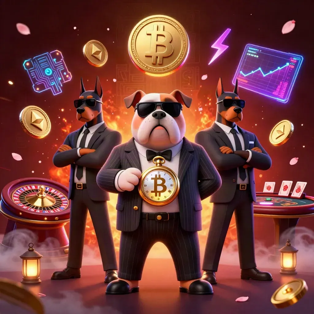 Bulldog crime boss and Dobermans amid casino symbols, ember glow, petals, and gold-flecked luxe.
