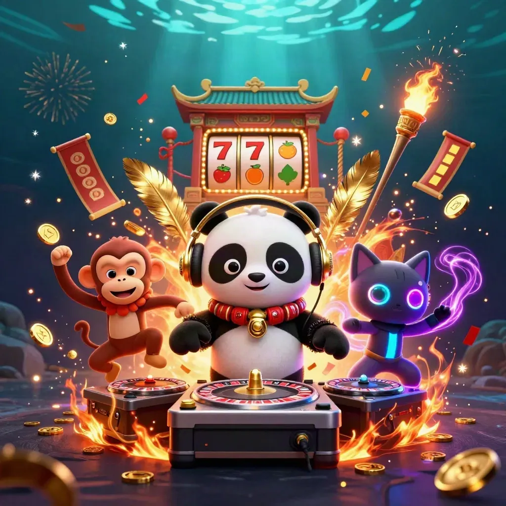 DJ panda, monkey and kitten in a neon casino-rave scene with coins, fireworks and temple gate