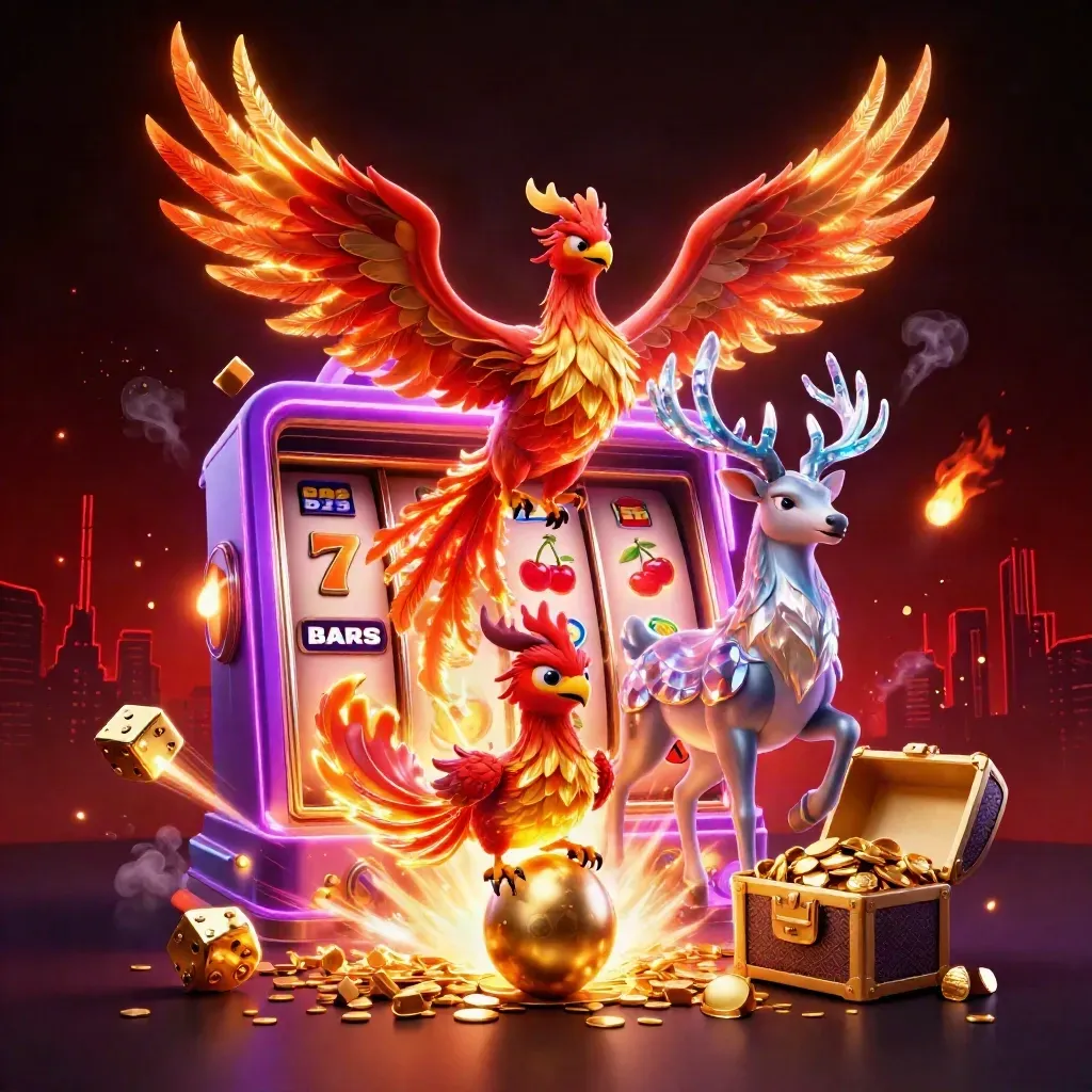 Phoenix, baby phoenix, and crystalline stag burst amid slot symbols, gold, and neon violet casino light