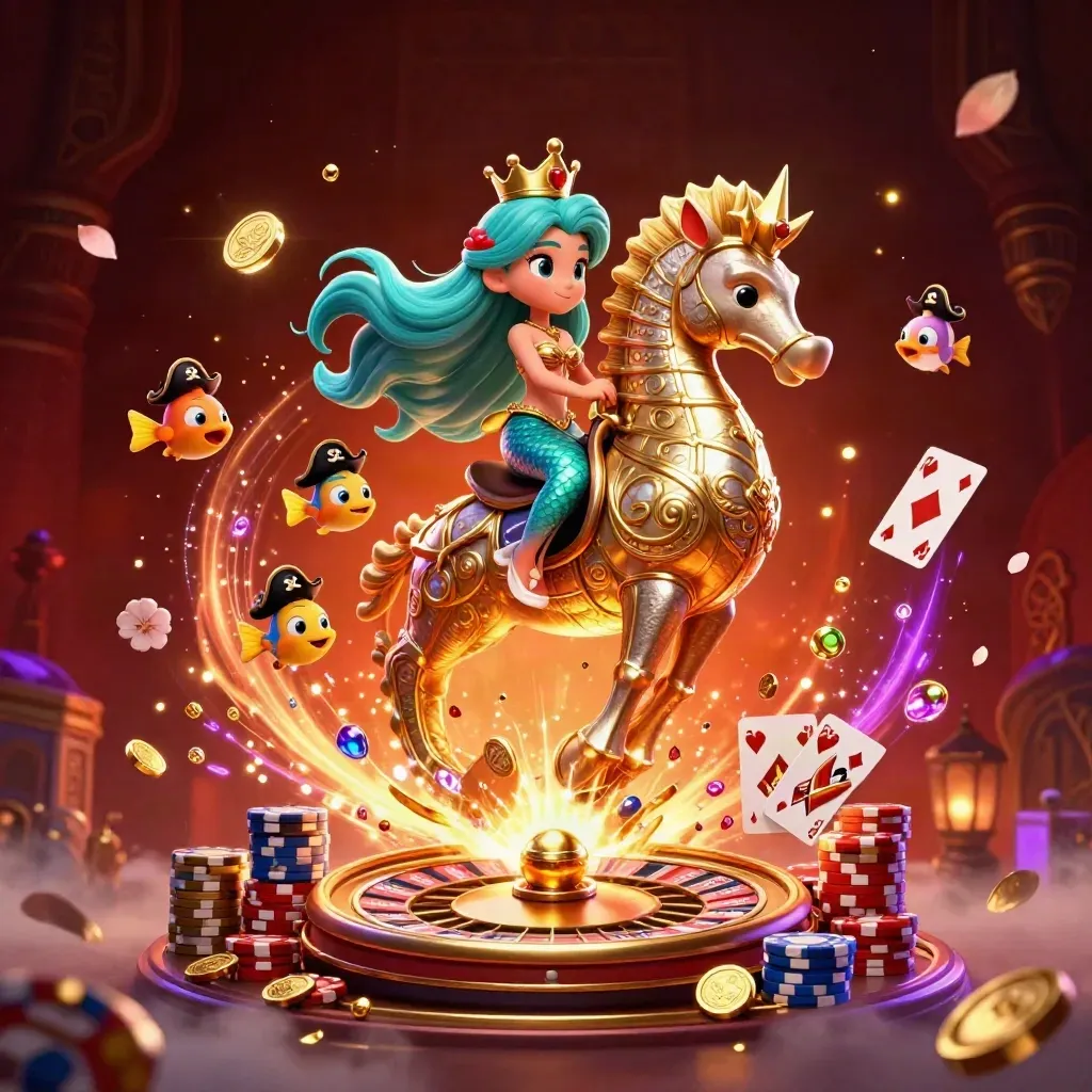 Mermaid princess rides an armored seahorse amid casino treasure, fish pirates, coins, cards and chips.