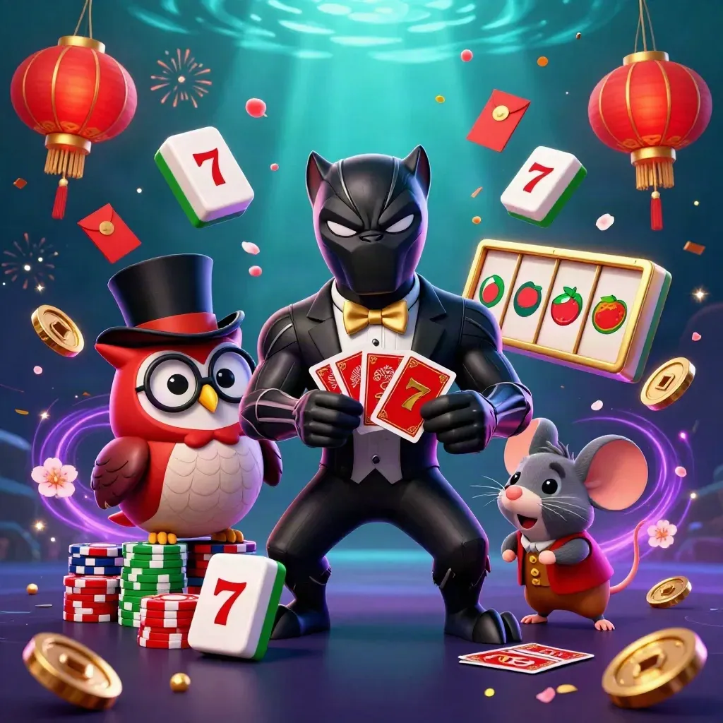 Tuxedo panther, owl and mouse amid lanterns, coins and violet magic in a casino splash scene.