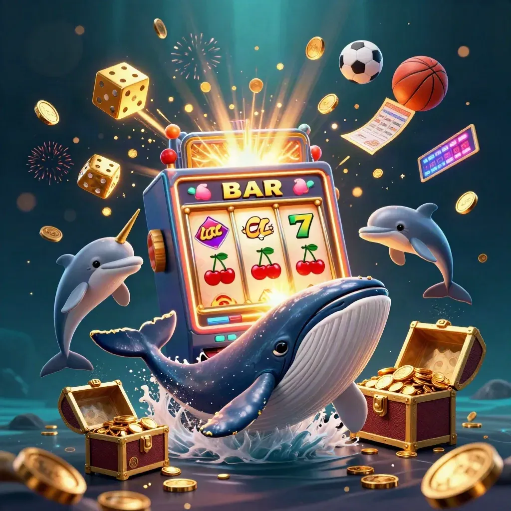Whale captain, narwhal, dolphins, coins, slot burst, treasure, sports bets in dark luxe style