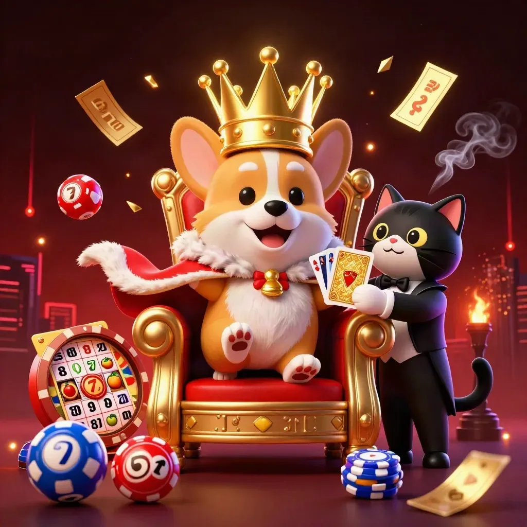 Crowned corgi and cat butler amid casino chaos, cards, balls, reels and violet glow.
