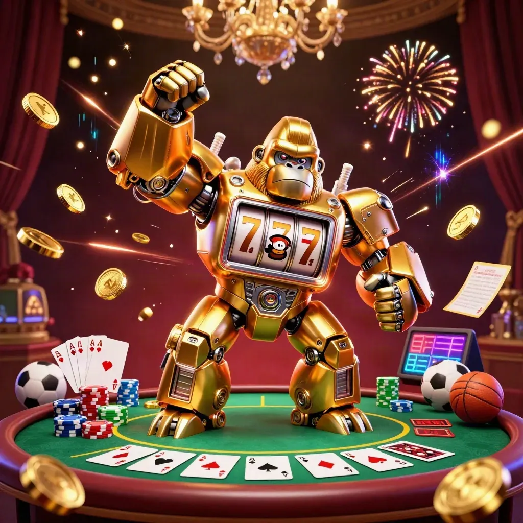 Golden gorilla mech with monkey pilot amid poker, chips, coins, sports bets, and fireworks