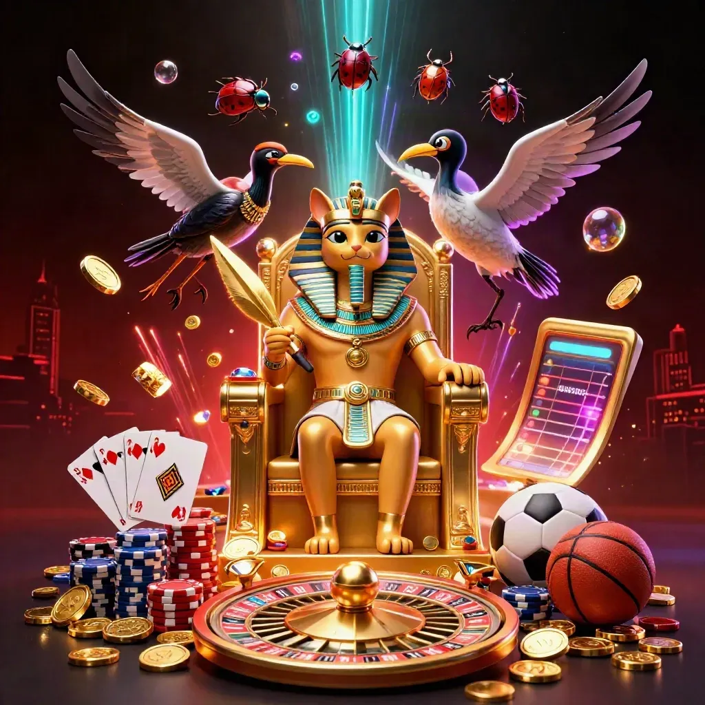 Pharaoh cat, ibis scribe, and gem scarabs amid exploding coins, roulette, cards, chips, and fireworks