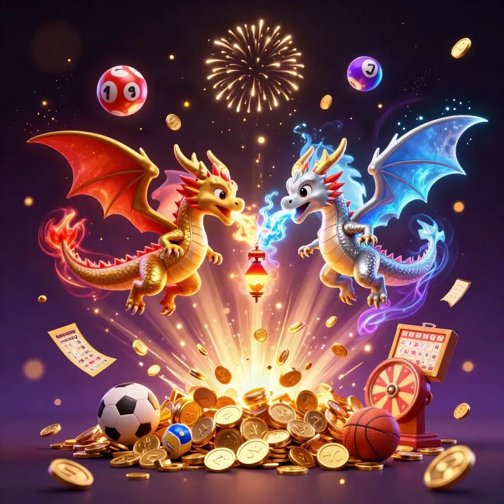Twin gold and silver dragons burst from coins, balls, tickets and fireworks in a dark neon casino sky