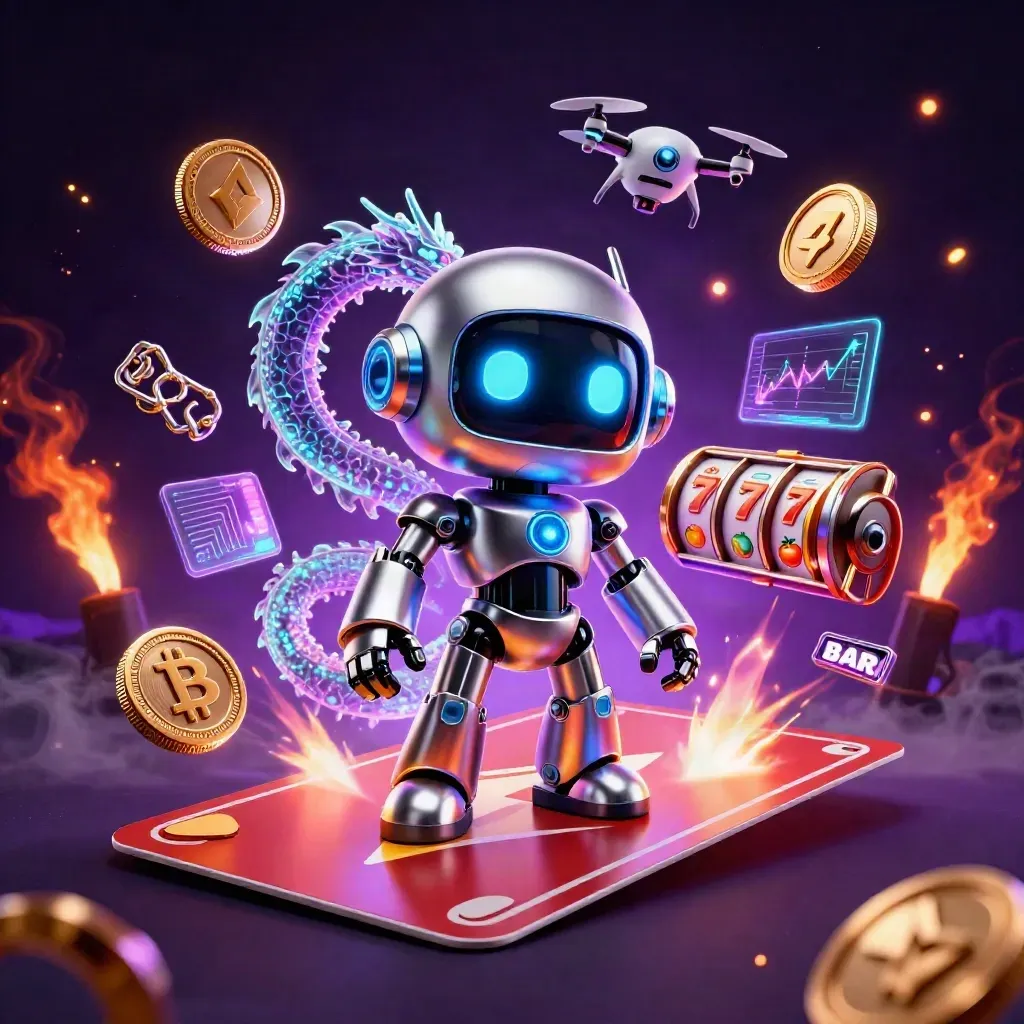 Cyberpunk robot, holographic dragon and coin drone amid casino coins and neon lightning.