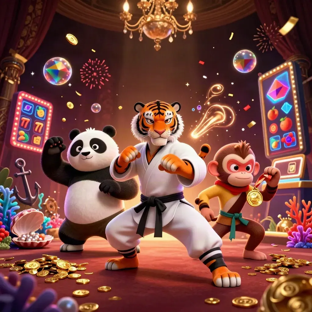 Three kung-fu cartoon animals in a neon casino treasure cove, glowing gold, crimson and violet.