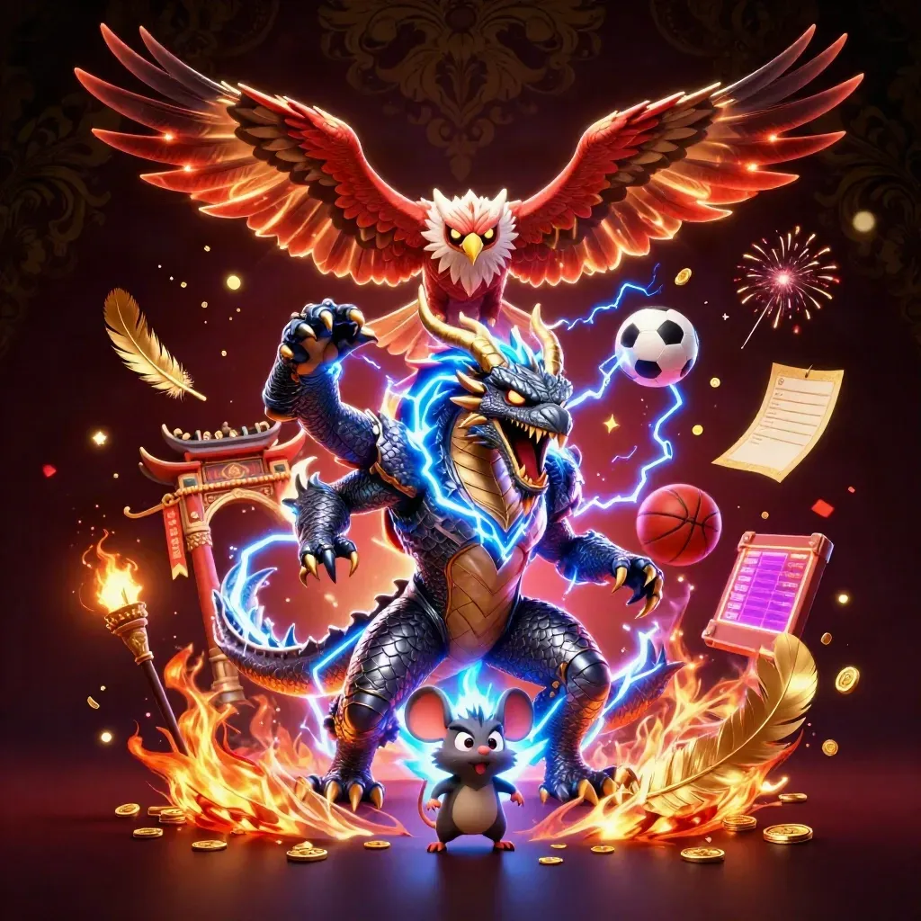 Thunder dragon, hawk, and mouse amid casino gold, temple gate, coins, and sparks on dark damask.