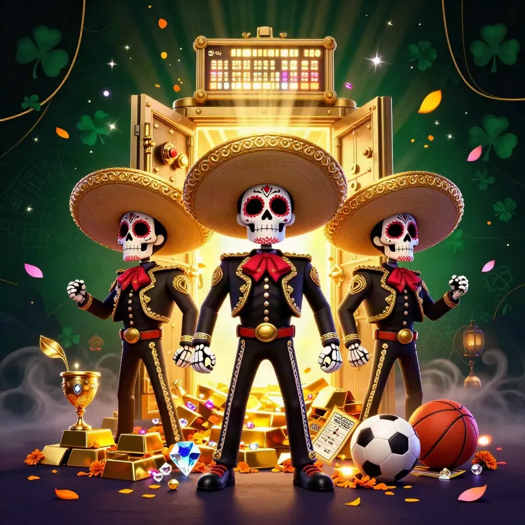 Day-of-the-Dead skeleton mariachi trio before a glowing vault, gold, gems, sports props, dark neon casino art.