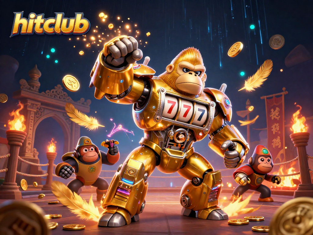 Engage with hitclub's thrilling golden gorilla mech as it unleashes winnings in a high-stakes casino arena.