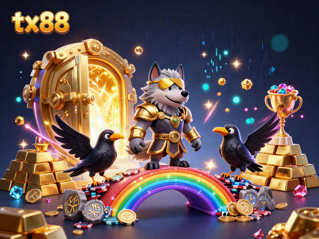 Immerse in the action of tx88 with Odin and ravens amidst a dazzling casino scene full of treasures.