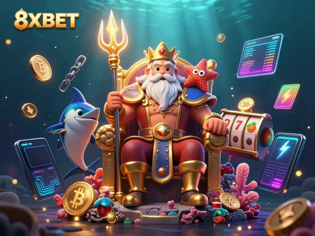 Experience the underwater thrill of 8XBET with Neptune and crypto elements in vibrant detail.
