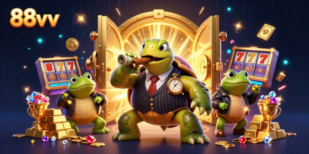 Engage in thrilling 88vv slots illustrated with a cartoon turtle in a mobster suit, showcasing gold and gems.