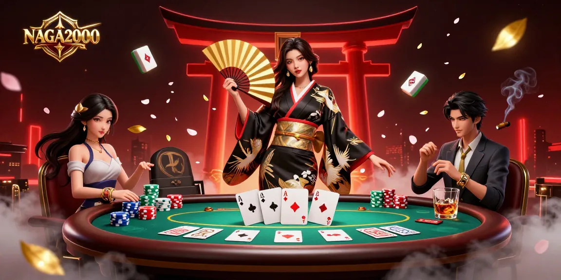 NAGA2000 menawarkan pengalaman kasino yang dinamis dengan wanita Asia fotorealistik dalam kimono tradisional, dikelilingi oleh elemen permainan poker dan visual yang hidup.