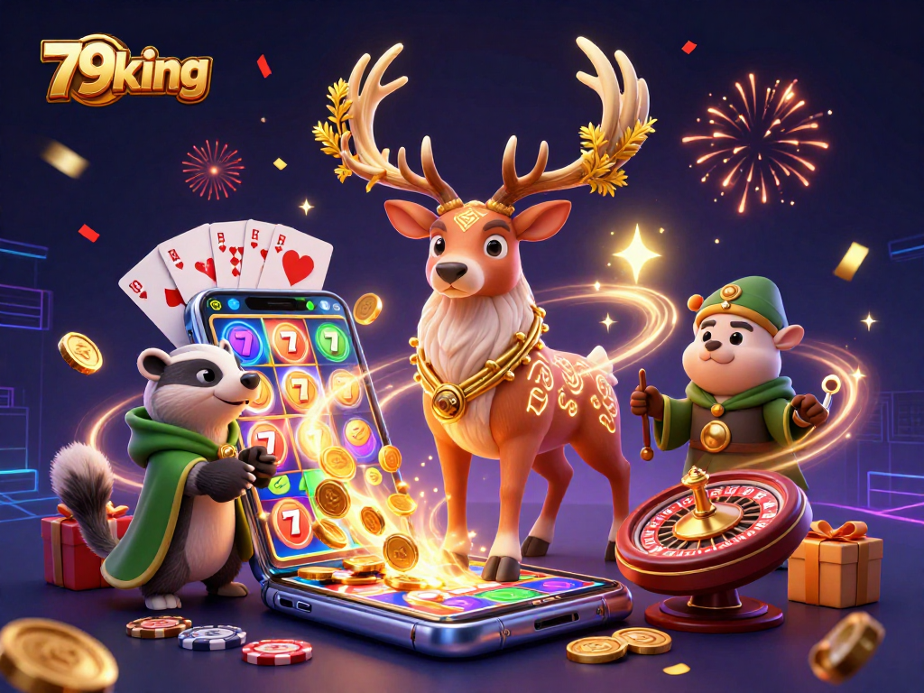 Celebrate wins with 79king’s vibrant gaming illustration showcasing exciting slots and characters.