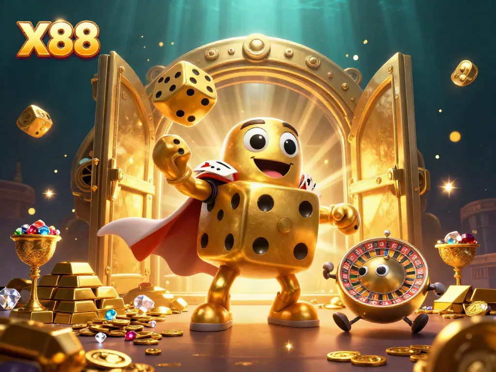 Win big with X88 in this vibrant casino-themed 3D illustration of golden dice and jewels.