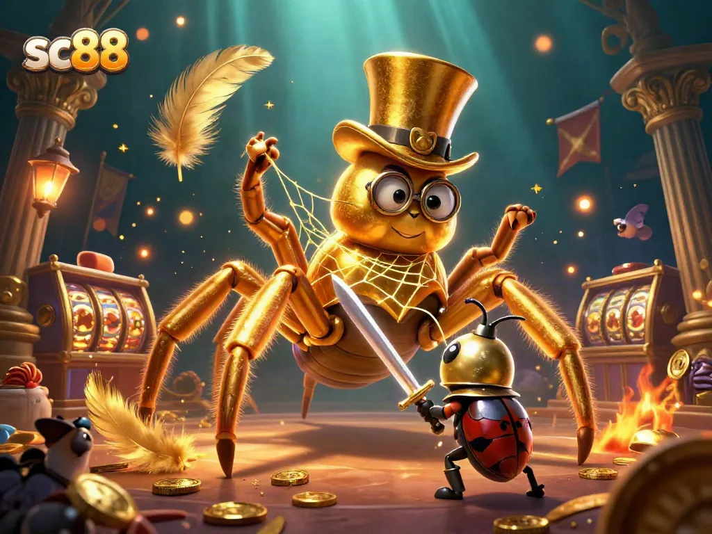 Engage with the captivating sc88 casino scene featuring golden tarantula and beetle knight amidst animated slot reels.
