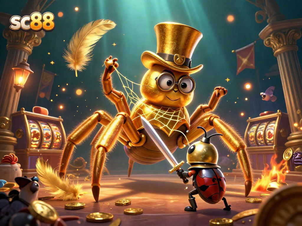 Engage with the captivating sc88 casino scene featuring golden tarantula and beetle knight amidst animated slot reels.