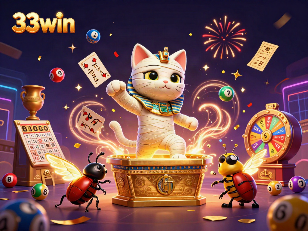 Immerse in the excitement of 33win, featuring a mummy cat and a scarab beetle amidst vibrant casino elements.