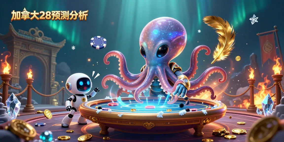 Engage in 加拿大28预测分析 with alien octopus and robot at a dynamic holographic poker table.