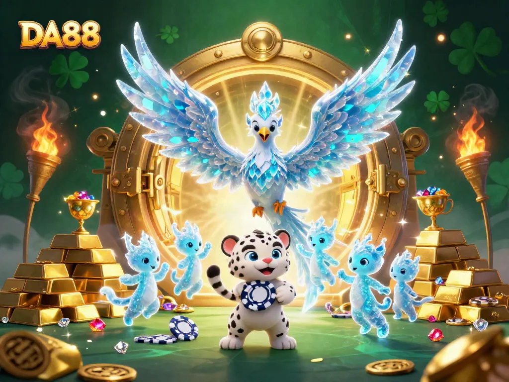 Experience the excitement of DA88 with an ice phoenix and dazzling gems in this vibrant casino scene.
