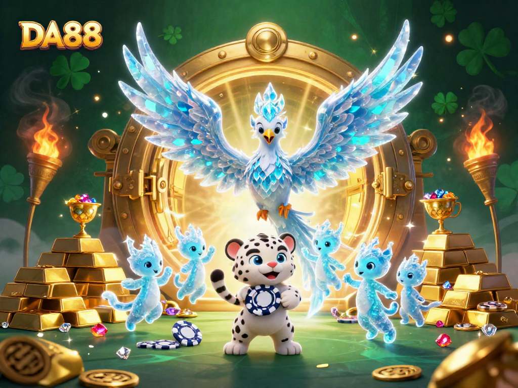 Experience the excitement of DA88 with an ice phoenix and dazzling gems in this vibrant casino scene.