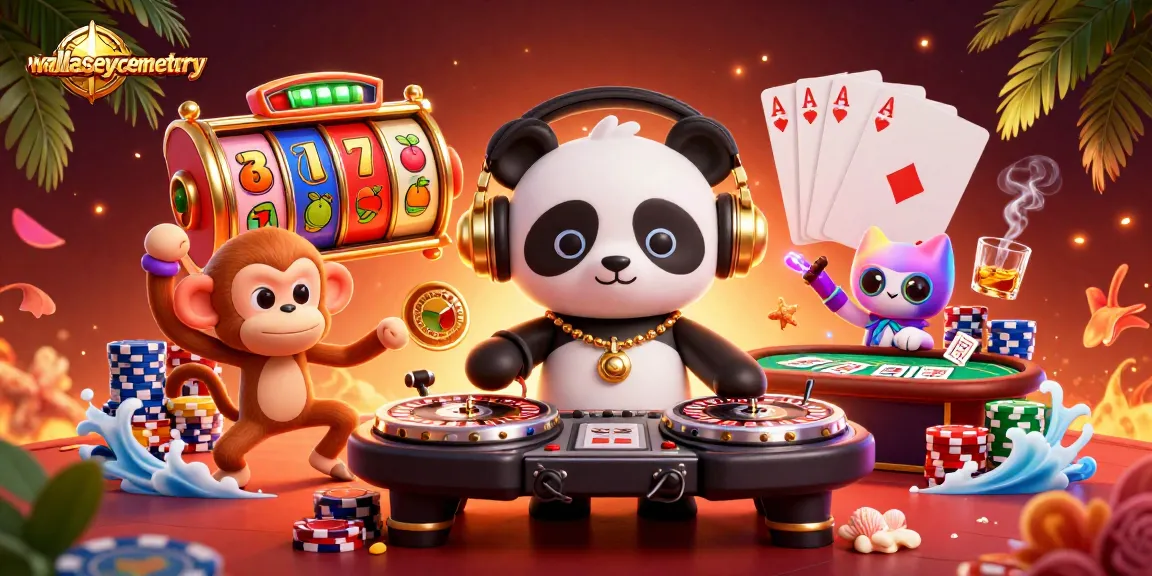 Experience vibrant casino energy at wallaseycemetery with DJ panda, monkey, and kitten.