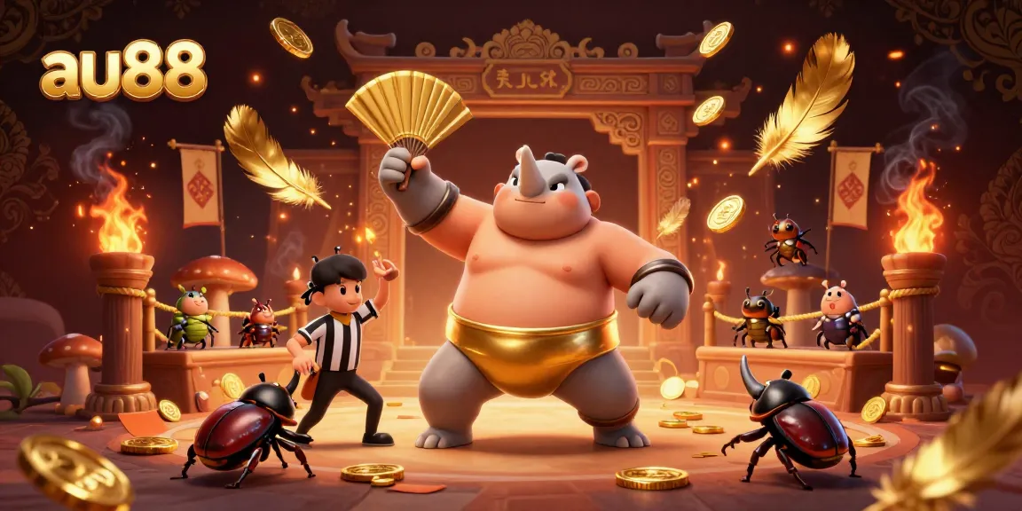 Watch the 3D rhinoceros beetle sumo champion at au88 stomp and scatter golden coins