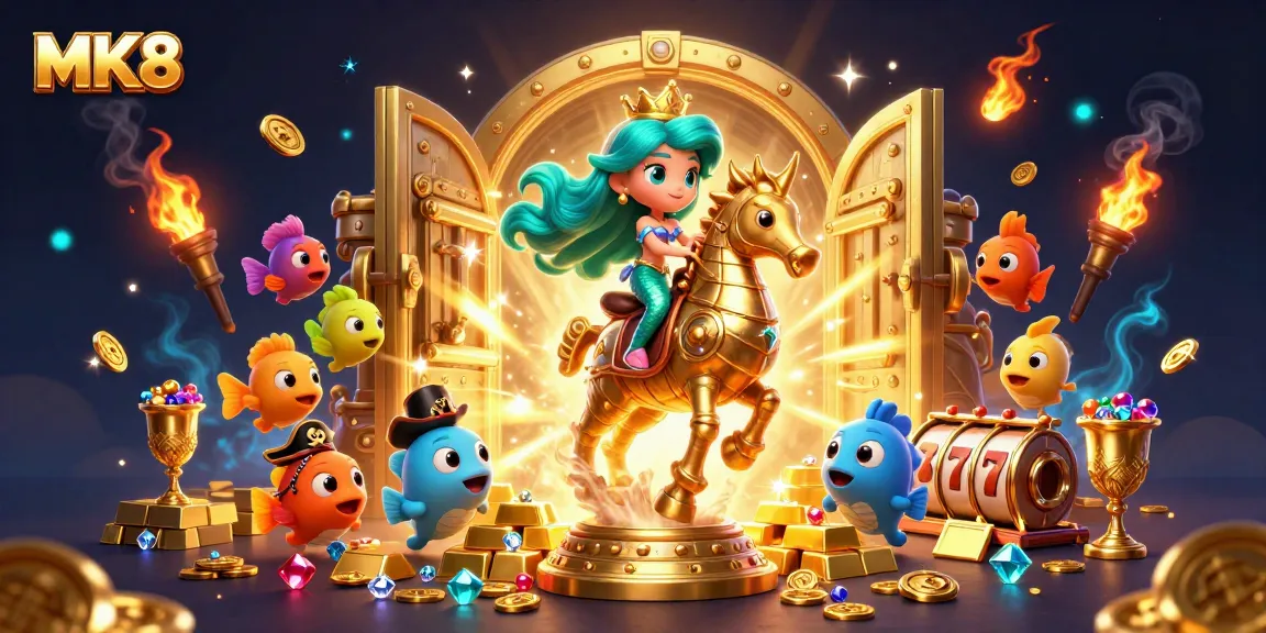 MK8 offers a vibrant casino experience with a mermaid princess, golden treasures, and dynamic slot elements.