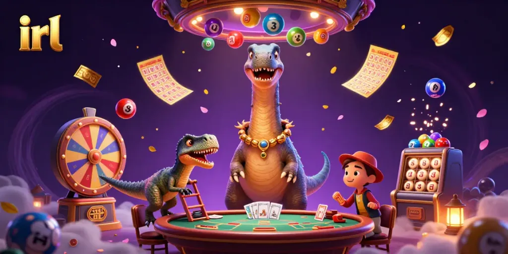 Engage with irl's thrilling credit card casino scene, featuring a towering dinosaur dealer.