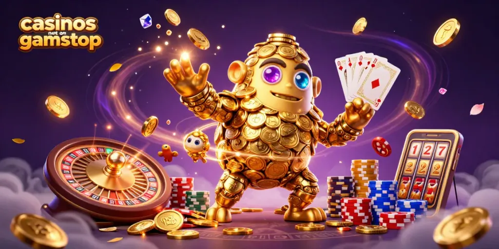 Spin and win with casinos not on gamstop in this vibrant 3D illustration featuring golden elements.