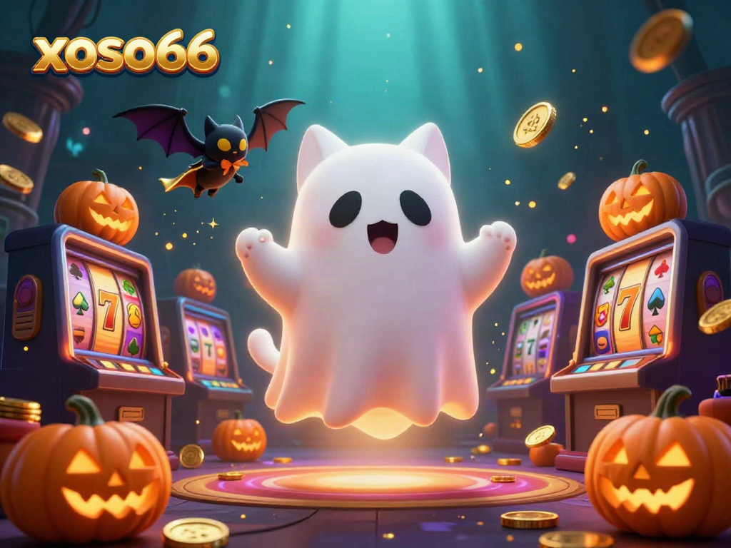Engage in the thrilling atmosphere of xoso66 with a ghostly cat, vibrant slot machines, and glowing jackpot elements.