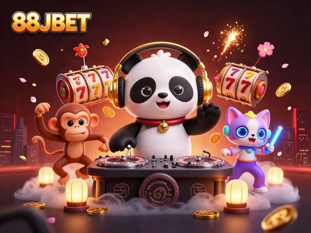 Experience the excitement of 88JBET casino with a vibrant 3D illustration featuring a DJ panda and friends.