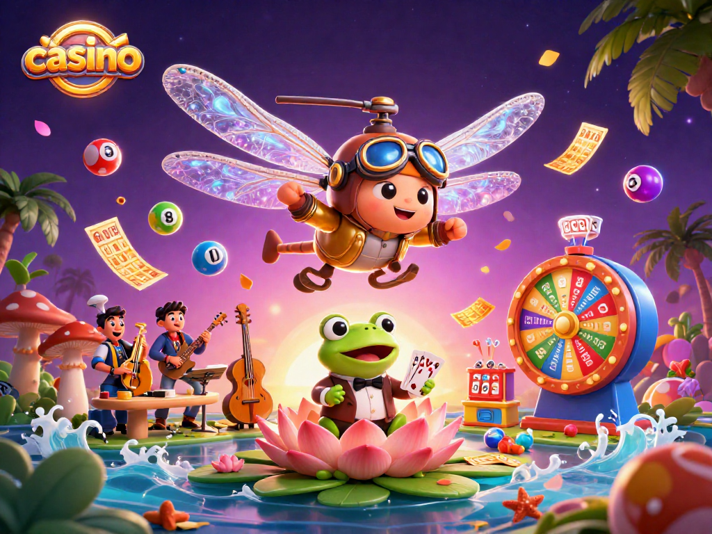 Join the exciting casino adventure with vibrant games and colorful characters in this dynamic scene.