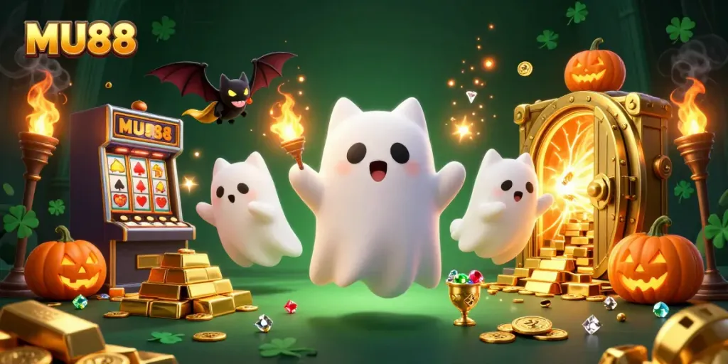 Experience the thrill of MU88 in a vibrant, haunted casino setting with a friendly ghost cat and vampire bat.