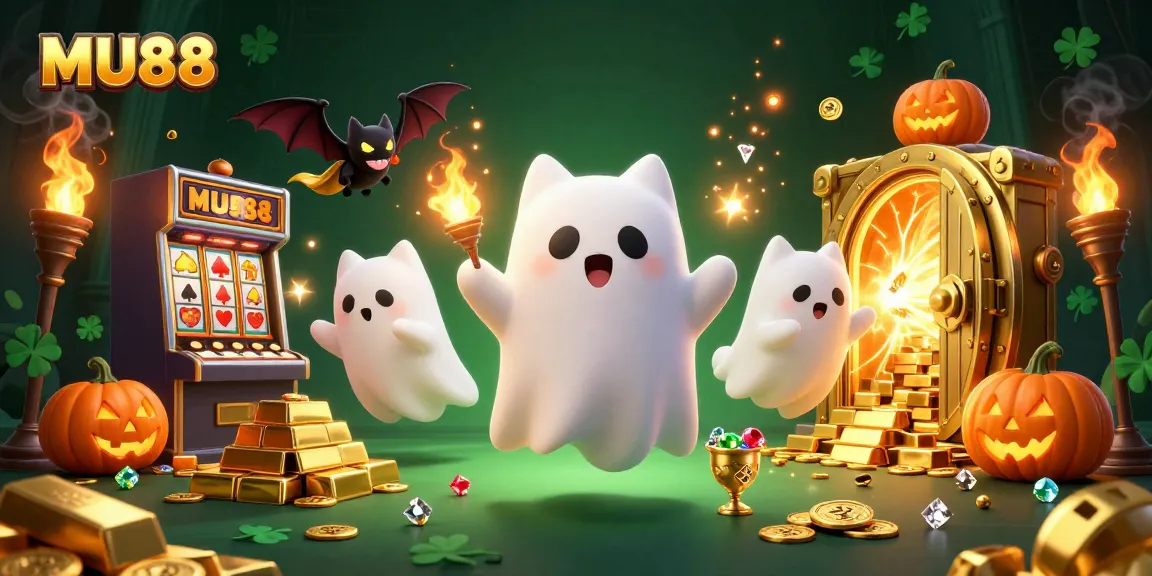 Experience the thrill of MU88 in a vibrant, haunted casino setting with a friendly ghost cat and vampire bat.