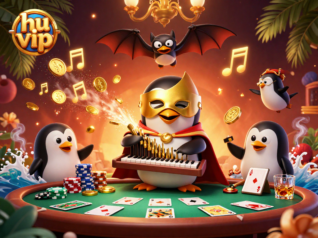 Engage with hu vip, featuring a vibrant 3D casino scene with a penguin playing organ and poker elements.