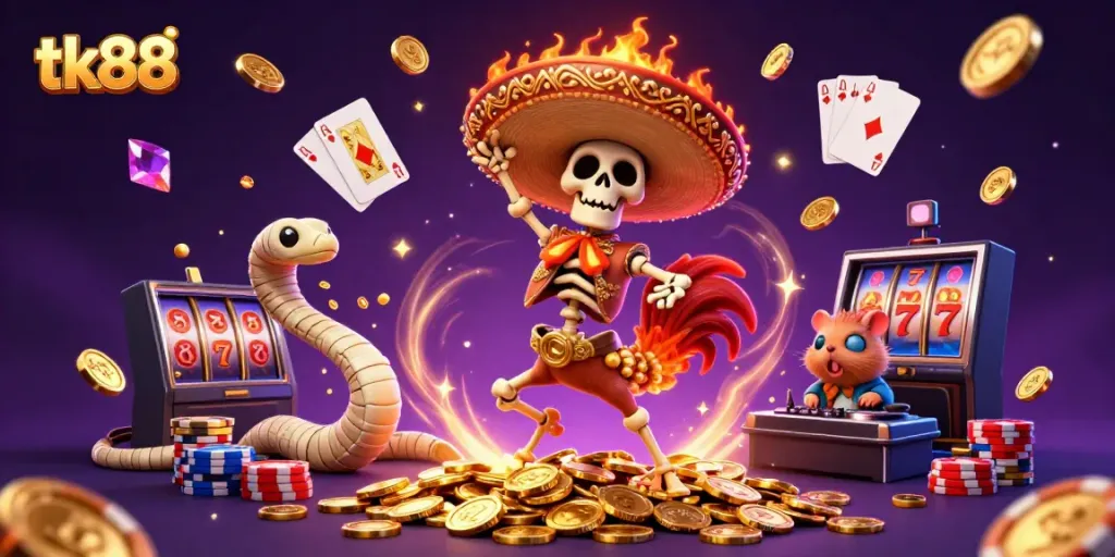 Experience the vibrant world of tk88 with a festive casino-themed illustration featuring a winning skeleton rooster and sparkling game elements.