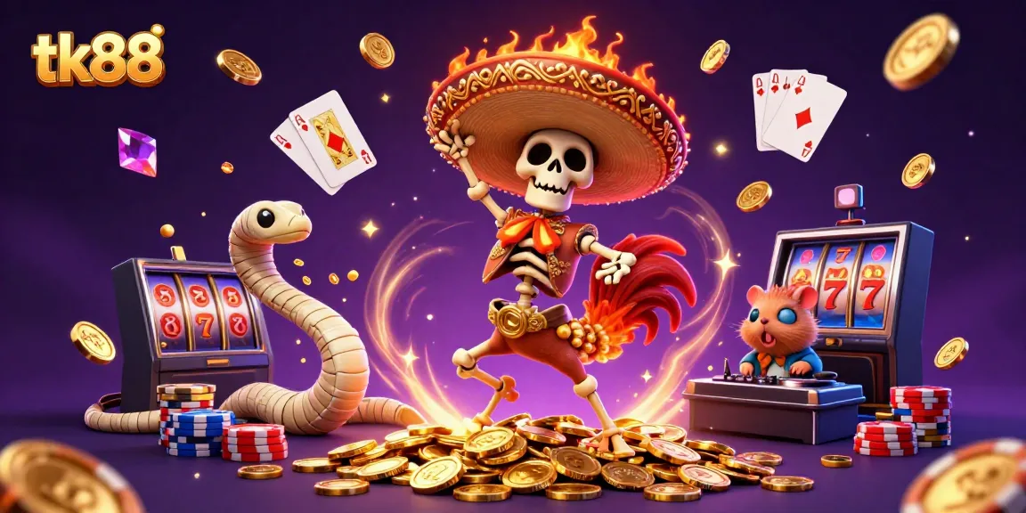 Experience the vibrant world of tk88 with a festive casino-themed illustration featuring a winning skeleton rooster and sparkling game elements.