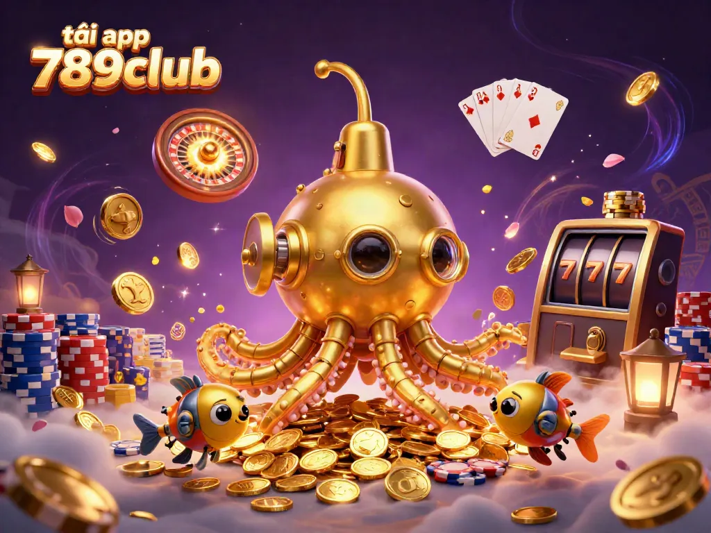 Experience excitement with tải app 789club showcased in a dynamic 3D illustration featuring golden kraken and casino elements.